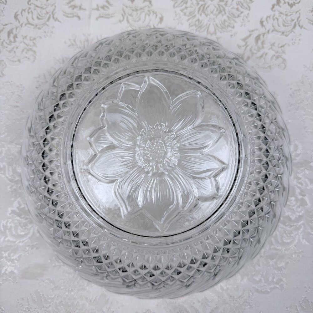 Vintage KIG Indonesia Clear Glass Bowl Floral Swirl Design 9" Round